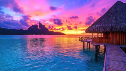 Obraz premium Sunset Over Water Villa in Tropical Paradise
