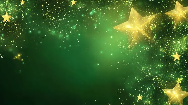 A glowing green holiday background with golden stars and an open area for advertisements or holiday greetings