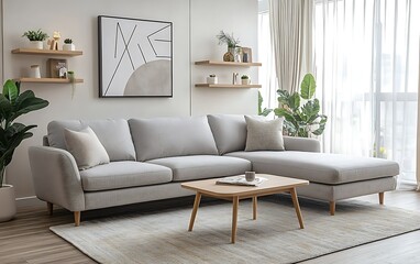 Modern living room with grey sectional sofa, wooden coffee table, shelves, plants, and minimalist decor.