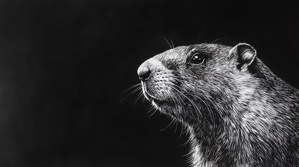 Close-up monochrome portrait of a woodchuck, head and shoulders, looking to the right against a black background.