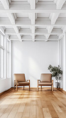 Modern interior with wooden floor and minimalist furniture in bright space