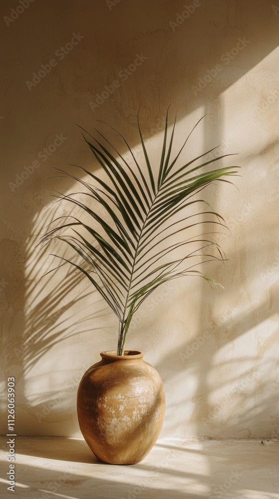 Aufkleber Sunlight streams through a window, casting soft shadows on a warm-toned wall. A lush palm frond rises elegantly from a rustic clay jar, creating a peaceful atmosphere ideal for relaxation
