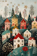 A festive village covered in twinkling lights with a holiday design. Folk illustration with Christmas motifs.	
