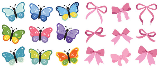 Butterfly collection. Colorful clipart set. Baby shower design elements. Party invitation, birthday celebration. Summer, spring. Sparkles. Glitter sparkle. Vector soft pink vintage bows. Girly decor