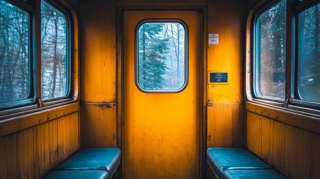 Interior of a vintage train compartment featuring a yellow door and blue benches