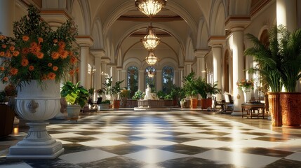 Obraz premium Elegant and Opulent Hotel Lobby with Marble Floors and Chandeliers