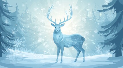 Majestic stag stands in snowy forest illuminated by soft winter light