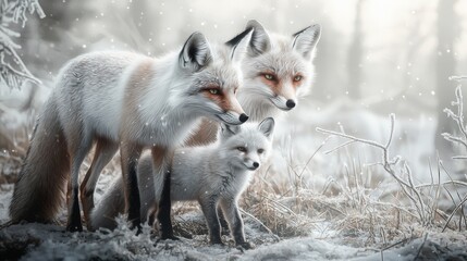 Family of foxes in a snowy forest during winter with soft light