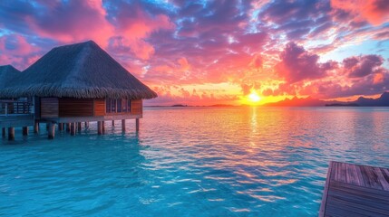 Overwater Bungalow at Sunset in Bora Bora