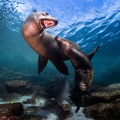 Sea lions (Otariinae) photographed underwater..