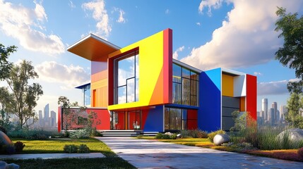 Colorful modern house with geometric design, large windows, and city skyline view.
