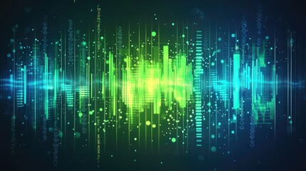 Fototapeta premium Colorful Audio Waveform Visuals with Bright Green and Blue Elements Against a Dark Background for Music and Sound Technology Themes