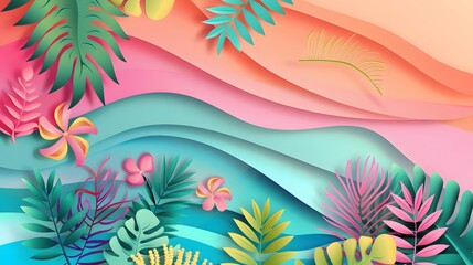 Paper cut tropical leaves and flowers on pastel pink, blue and green background.