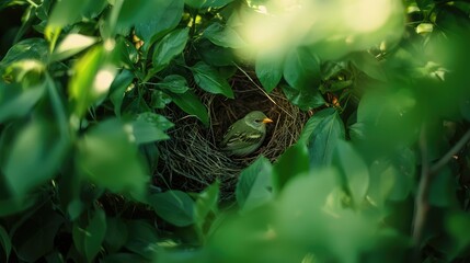 Return of Spring: A Serene Bird Nest Surrounded by Lush Green Leaves, Capturing the Beauty of Nature and the Wonder of New Life in a Peaceful Environment