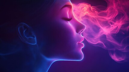 Obraz premium abstract digital face, science, technology, AI, artificial intelligence, neural networks, D concept, glowing, modern design, profile silhouette, colorful background, purple, blue , 8k image