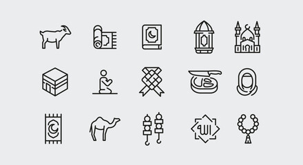 Ramadan icons. Set of 15 trendy minimal icons. Example: Camel, Arabic Arch, Oil Rig, Kaaba icon. Design signs for web page, mobile app, packaging design. Vector illustration.