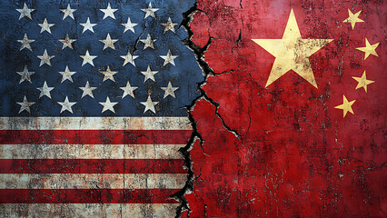 The US and Chinese flags are separated by a cracked and textured surface.