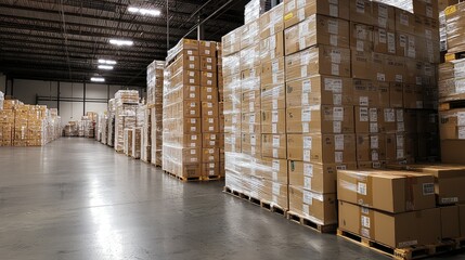 Warehouse Interior with Stacked Boxes on Pallets Under Bright Lights, Showcasing a Systematic and Organized Storage Space in a Commercial Setting