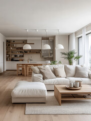 Modern living room with neutral tones and natural light in a spacious apartment setting