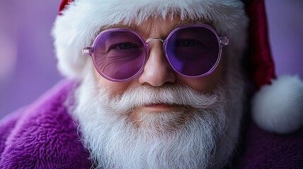A modern Santa Claus figure in a vibrant purple robe and sunglasses, perfect for contemporary Christmas cards, holiday marketing, or festive party invitations.