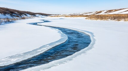 Obraz premium Frozen River Winding Through Snowy Landscape