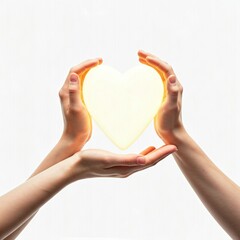 Obraz premium closeup hands holding a glowing heart symbol on white background