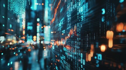 Obraz premium Futuristic Cityscape with Digital Data Visualization Representing Artificial Intelligence, Big Data, and Technology Advancements at Night in Neon Lights