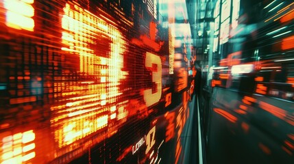 Fototapeta premium Blurred Stock Market Display with Glowing Numbers and Data Streams Amidst a Futuristic Technology Environment in Urban Setting