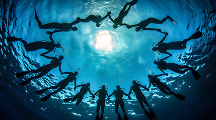 Underwater divers holding hands in a circle, silhouetted against sunlight.