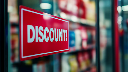 A red sign that says "DISCOUNT!" is on a glass window. Store shelves are visible in the background.