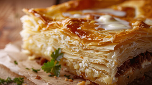 Close-up of Albanian Flija, showcasing golden-brown layers with meat, cheese, and melted butter filling.