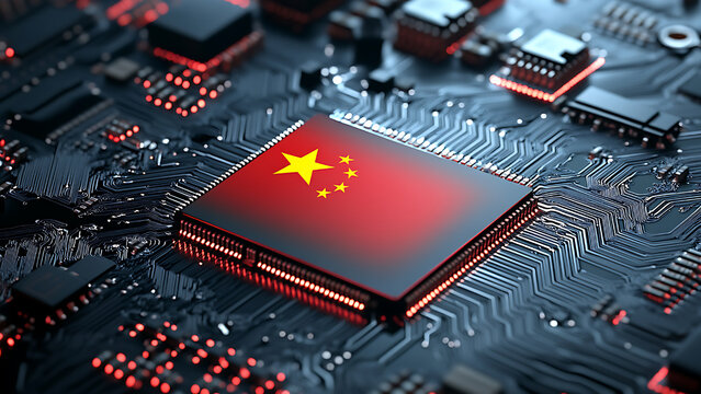 A Chinese flag is centered on a complex computer circuit board.