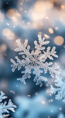 A close-up phone wallpaper focusing on falling snowflakes. The image captures the delicate details of individual snowflakes as they gently descend against a soft, blurred winter background.