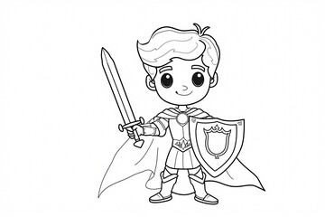 Fototapeta premium A cheerful cartoon boy of Asian descent dressed as a knight, holding a sword and shield, ready for adventure in a whimsical style.