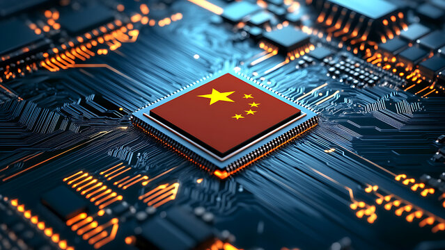 A Chinese flag is centered on a complex computer circuit board.