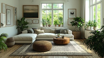 Bright living room with white sofa, plants, and natural light.