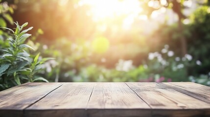 Blurred Background with Wooden Tabletop under Soft Sunlight