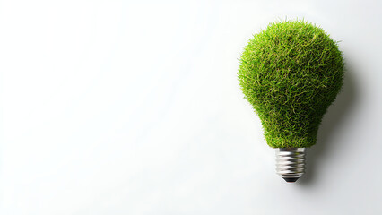 A light bulb covered in green grass sits on a white surface.