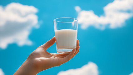 A hand holds a glass of milk against a bright blue sky with white clouds.