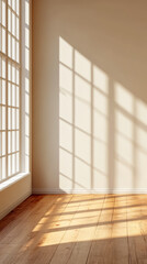 Sunlight streaming through windows creates shadows on wooden floor