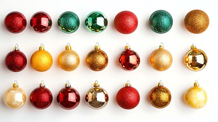 A vibrant assortment of Christmas balls in bold colors like red, gold, and green, with glittery finishes, isolated on white