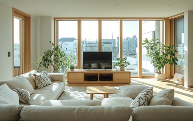 Fototapeta premium Modern living room with large windows and city view.