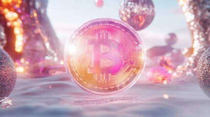 Fototapeta premium Holographic Bitcoin in 3D Midair on White Background