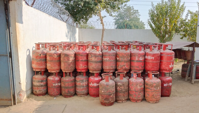 December 2022, Varanasi, India. LPG gas used for domestic cooking. LPG gas bottle stack ready for sell, filling lpg gas bottle from stack room or gas station.