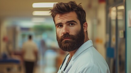Obraz premium Handsome Young Male Doctor in Hospital Setting with Professional Attire