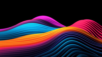 3D render of a topographic lines pattern, in neon vibrant colors on a dark background
