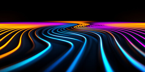 3D render of a topographic lines pattern, in neon vibrant colors on a dark background