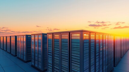 A modern data center illuminated by a stunning sunset, showcasing rows of servers against a vibrant sky.