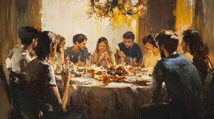 A large family gathers around a table laden with food, heads bowed in prayer or thanks before a meal. (1)