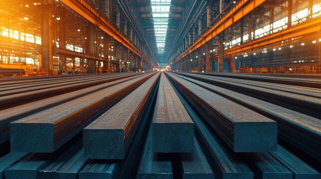 A modern industrial warehouse showcasing parallel steel beams illuminated by warm, ambient light.